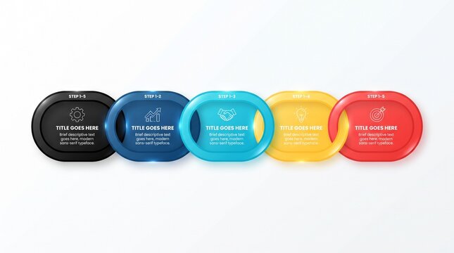 Five step infographic design with linked colorful oval shapes and icons