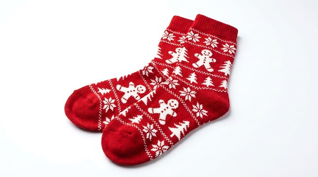 Pair of cozy red festive christmas socks with gingerbread man and tree patterns