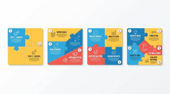 Four colorful puzzle piece infographic diagrams for business process planning