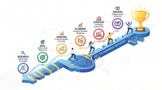 Business success infographic showing people climbing a key shaped staircase