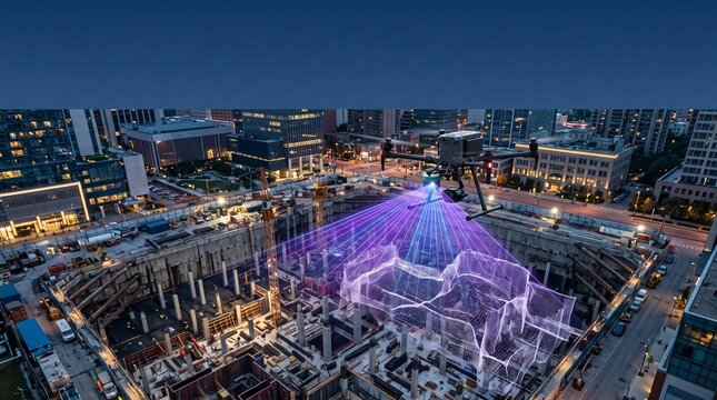 Surveying Drone Capturing LiDAR 3D Point Cloud Mesh of Skyscraper Foundation