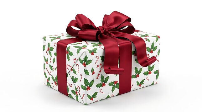 Christmas gift box wrapped in holly pattern paper with a large red bow