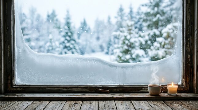 Cozy winter scene looking out a window at a snow covered forest landscape