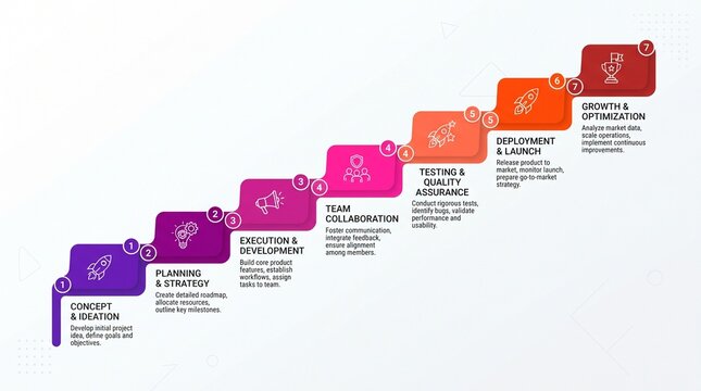 Seven step business process infographic timeline with icons and text labels