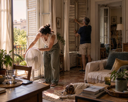 Couple adapting their home to extreme heat by combining shade and ventilation fans.
