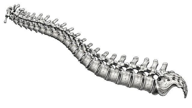 Detailed anatomical illustration of human vertebral column showing cervical thoracic lumbar vertebrae sacrum and coccyx isolated on white background