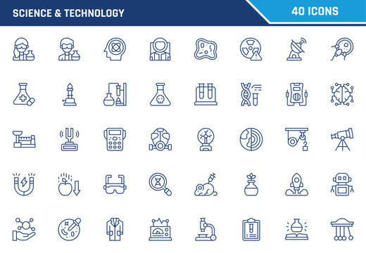 Science and technology vector icon set featuring line art symbols for educational and research concepts
