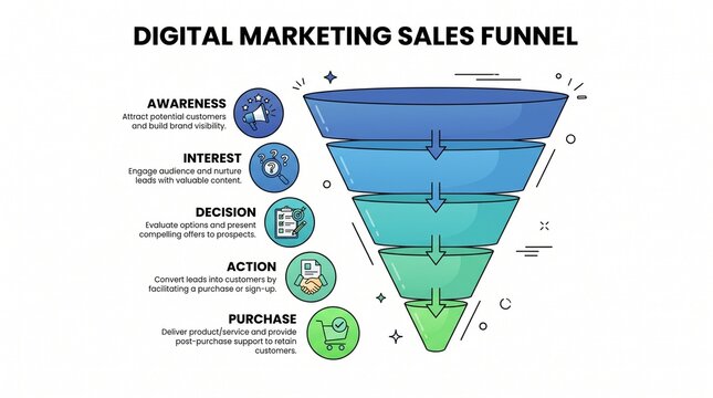 Digital marketing sales funnel infographic with five conversion stages