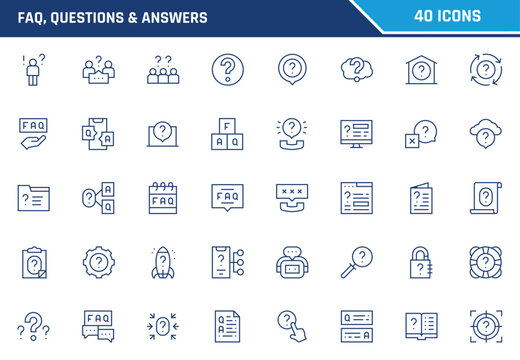Comprehensive vector set featuring forty blue outline icons representing frequently asked questions and answers concepts