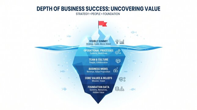 Business iceberg infographic showing hidden value and corporate strategy