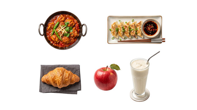 Asian curry dish, fried dumplings, butter croissant, fresh red apple, creamy smoothie drink isolated PNG with Transparent Background