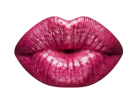 Close up of glittery pink lip gloss applied on female lips pouting for a kiss