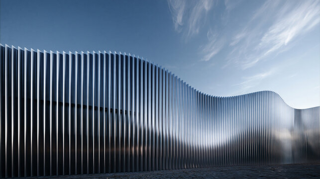 Futuristic Wave Shaped Metallic Facade with Vertical Louvers