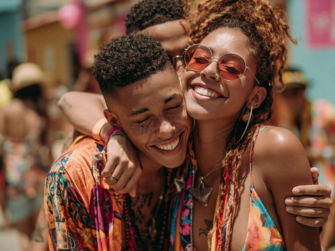 Joyful Young Friends Hugging and Laughing at Outdoor Festival