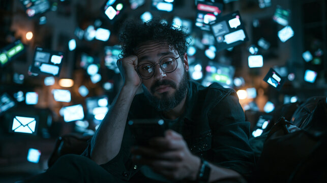 Exhausted Man Overwhelmed by Digital Notifications and Social Media