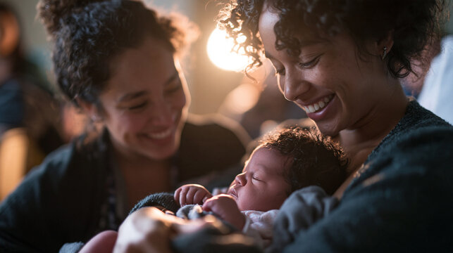 Happy Diverse Mothers Looking at Sleeping Newborn Baby