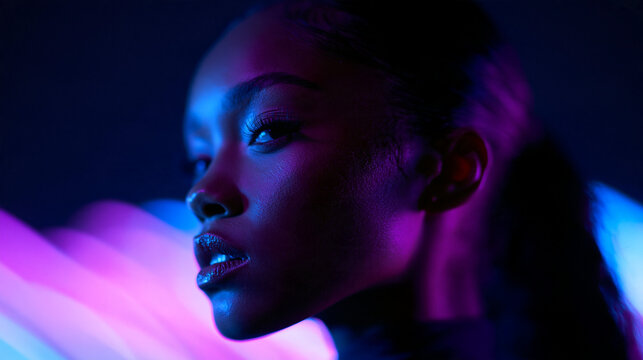 Young Black Woman in Dramatic Neon Lighting Portrait