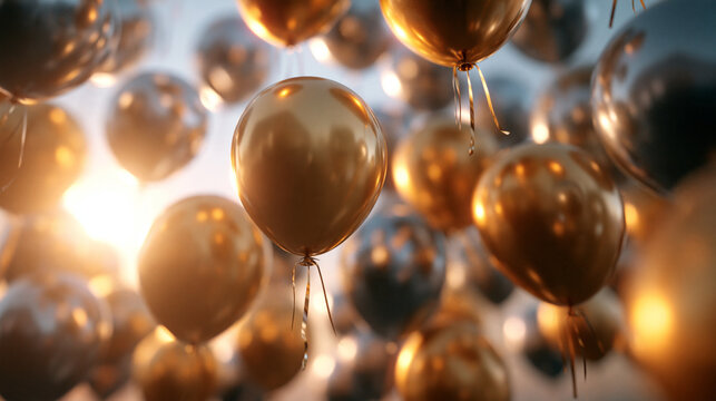 Golden Metallic Balloons Floating at Elegant Celebration Party