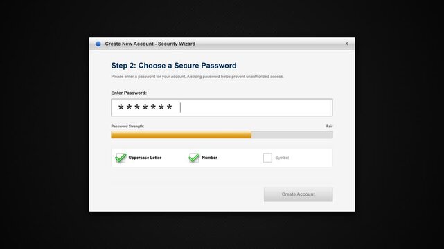 Account Creation Security Wizard Showing Password Strength Meter