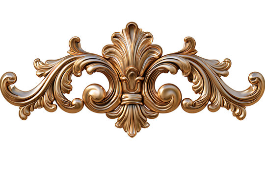 Ornate gold vintage decorative element with floral scrollwork isolated on transparent background