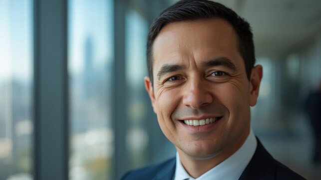 Primer plano de un empresario sereno que sonr&iacute;e levemente