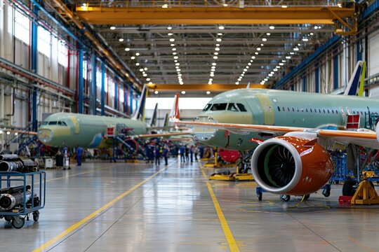 Passenger aircraft fuselage sections under assembly in modern aerospace production hangar