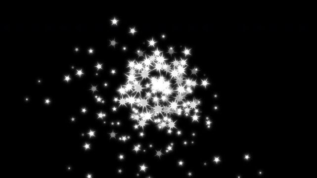 4K shining white glittering star dust trail sparkling particles on black background. Looping magic pixie dust path overlay, glowing fairy tale twinkle stars burst transition video.