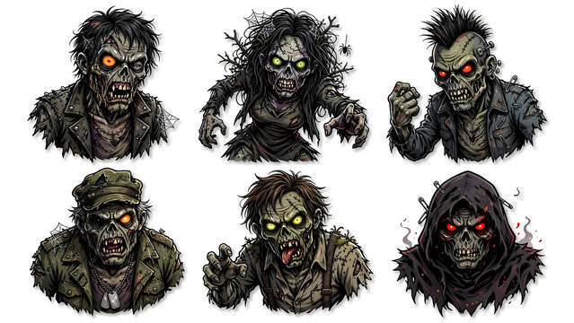 Zombie Head Portrait Set with Mohawk, Soldier and Hooded Ghoul, Halloween Illustration