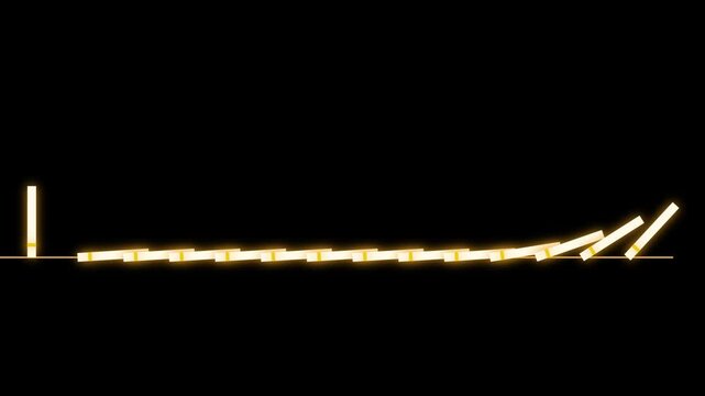 Glowing light sticks falling in a row sequence representing chain reaction energy on black background.