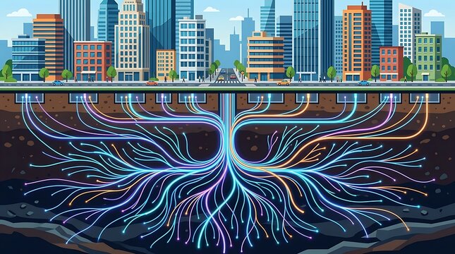 Fiber optic cables glowing beneath a modern city