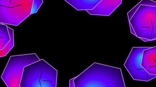 Glowing neon geometric frame overlay, futuristic purple gradient hexagon border, vibrant abstract motion graphic background for video production