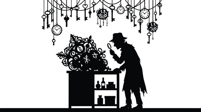 Detective silhouette investigating intricate machinery elements with hanging keys and clocks overhead