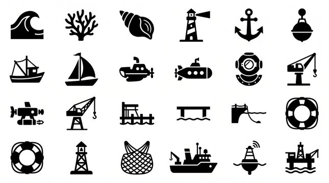 Nautical and coastal marine silhouette icon set featuring boats, lighthouse, anchor, ocean equipment, and offshore structures on white background