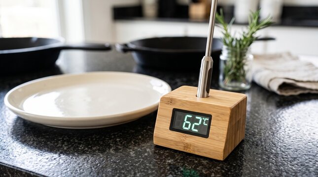 Modern Kitchen Scene with Digital Thermometer and Cast Iron Pans Ready for Cooking