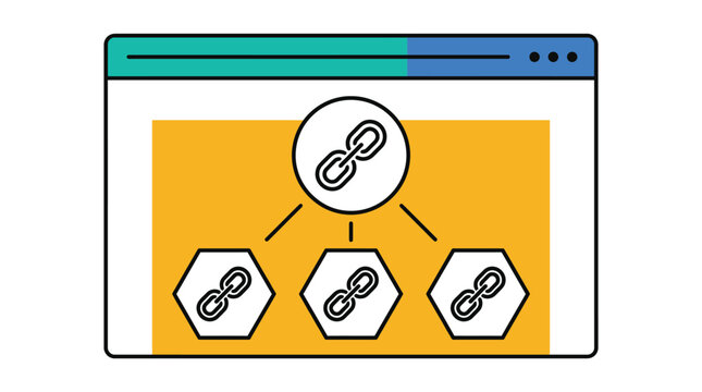 Modern website interface diagram showing backlink building strategy with connected chain link icons illustration