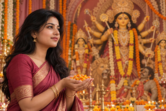 Devotional woman holding marigold flower offering before goddess idol during durga puja navratri diwali traditional hindu prayer and festive worship ceremony celebration
