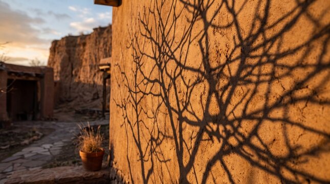 Sunlit adobe wall with a delicate tree shadow pattern at sunset
