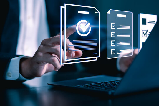 Digital document approval concept. business professional selects a verified file. Document verification approval and compliance checklist. Quality control assurance guarantee standard certification.