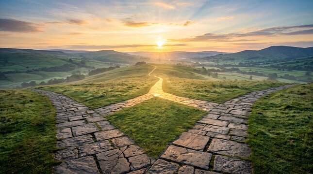 Sunrise casts light on a stone pathway diverging through rolling green hills at dawn