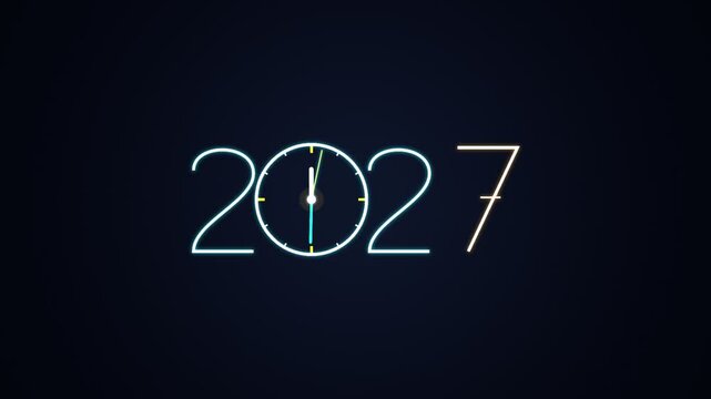 new year 2027 countdown clock animation with glowing neon numbers and futuristic dark background