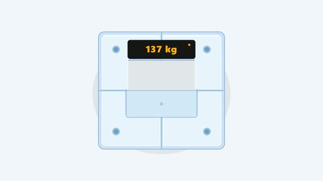 Front-facing digital scale in light blue tone with top-center display counting 0 to 180 kg. Overloads and explodes cleanly into geometric fragments in a steady 10-second loop.