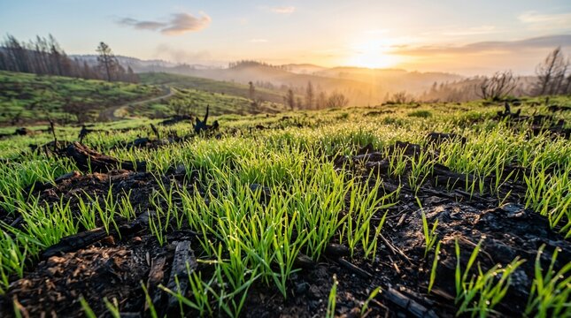 Vibrant new growth emerges from a scorched earth landscape under a golden sunrise