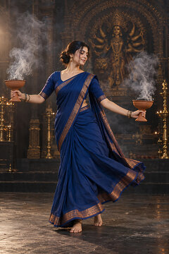 Graceful woman in blue saree performing incense ritual before goddess shrine during durga puja navratri diwali traditional hindu festival celebration ritual ceremony