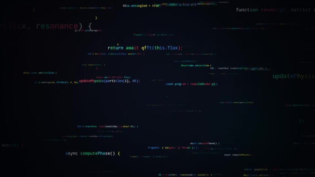 colorful programming code animation with floating syntax snippets on dark futuristic digital background