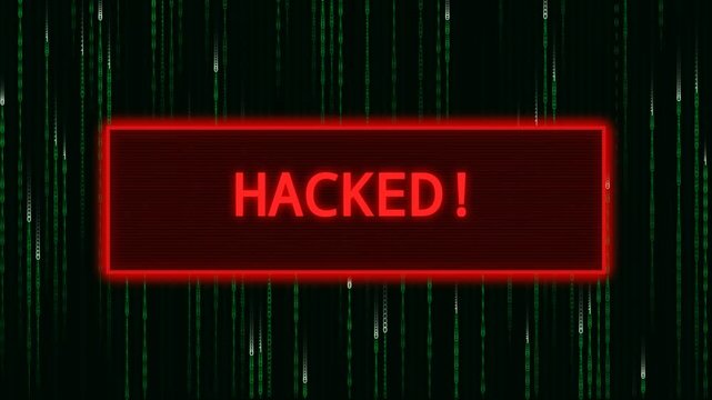 hacked cyber security warning animation with red alert and digital matrix background