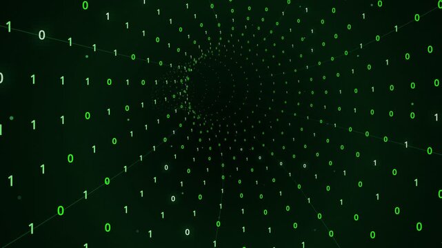 green binary data tunnel animation with glowing digital code particles and futuristic network background
