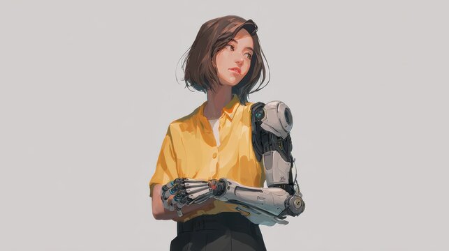 Female human with robotic arm, calm mood, clean sci-fi realism 