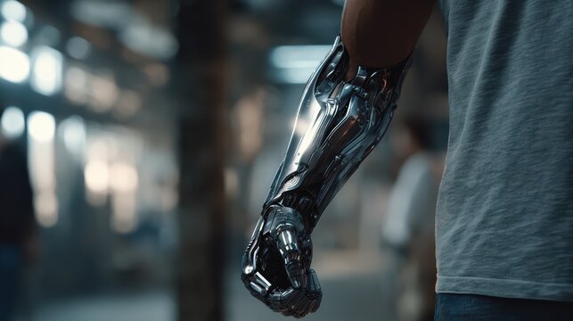 Human wearing casual clothes, right robotic arm exposed, clean sci-fi realism, cinematic mood 