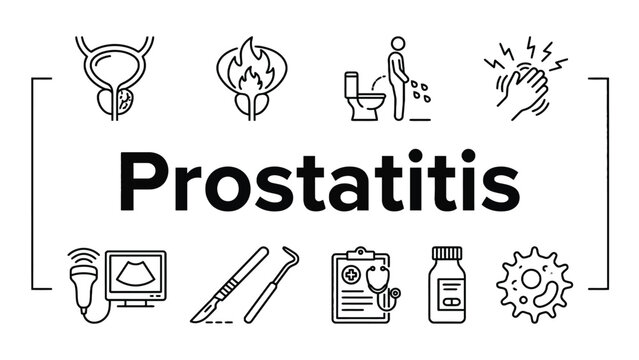 Medical prostatitis vector illustration set with monochrome outline icons depicting symptoms and healthcare treatments