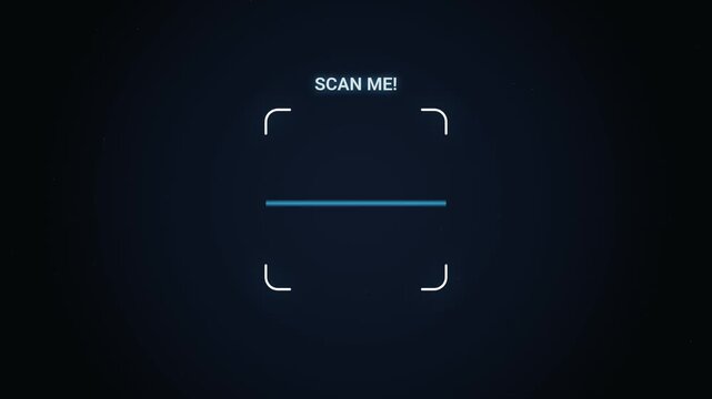 qr code scanner scan me animation with glowing blue scanning line on dark futuristic interface